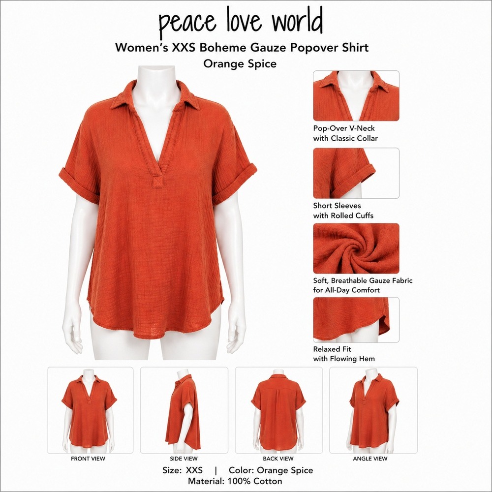 Peace Love‎ World Womens XXS Boheme Gauze Popover Shirt Orange Spice Cotton Top